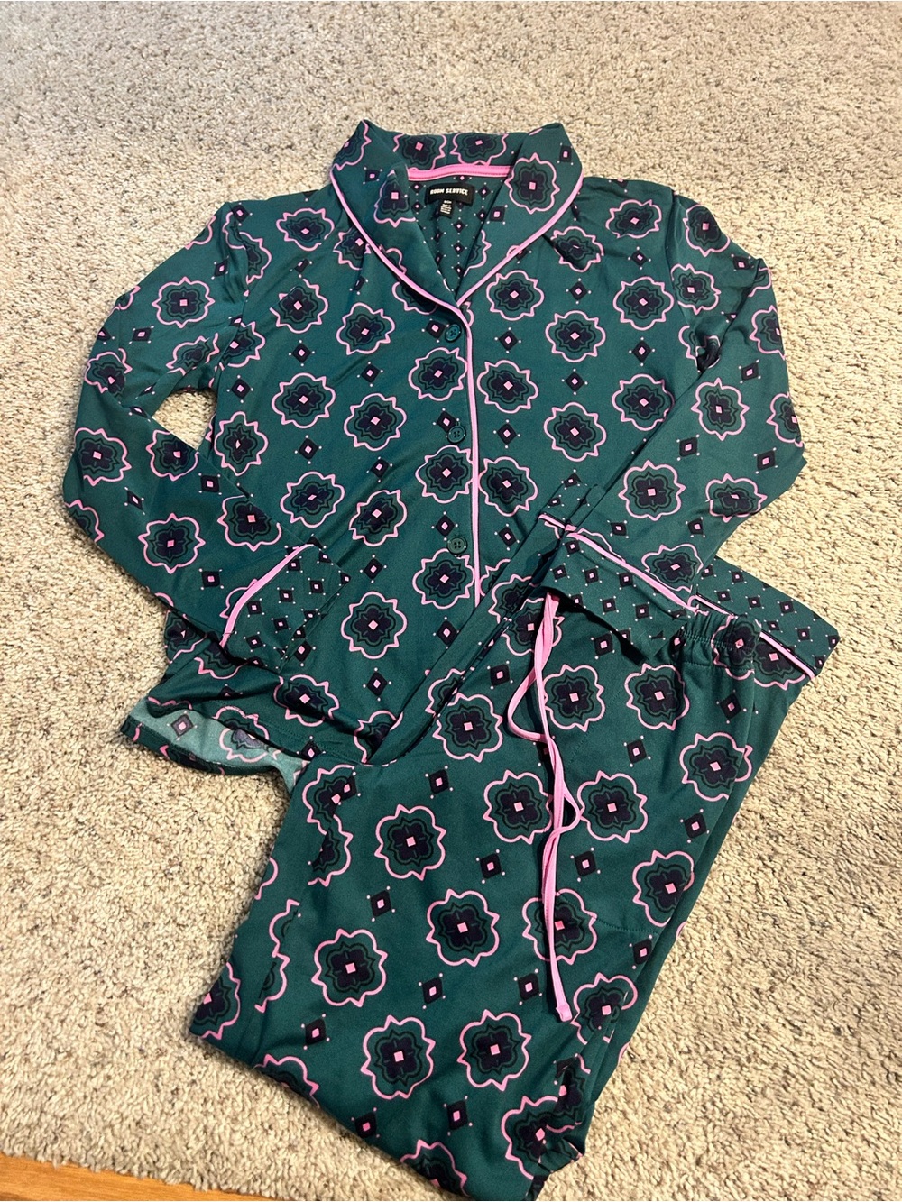 Room Service Floral Pajama Set with Pink Trim